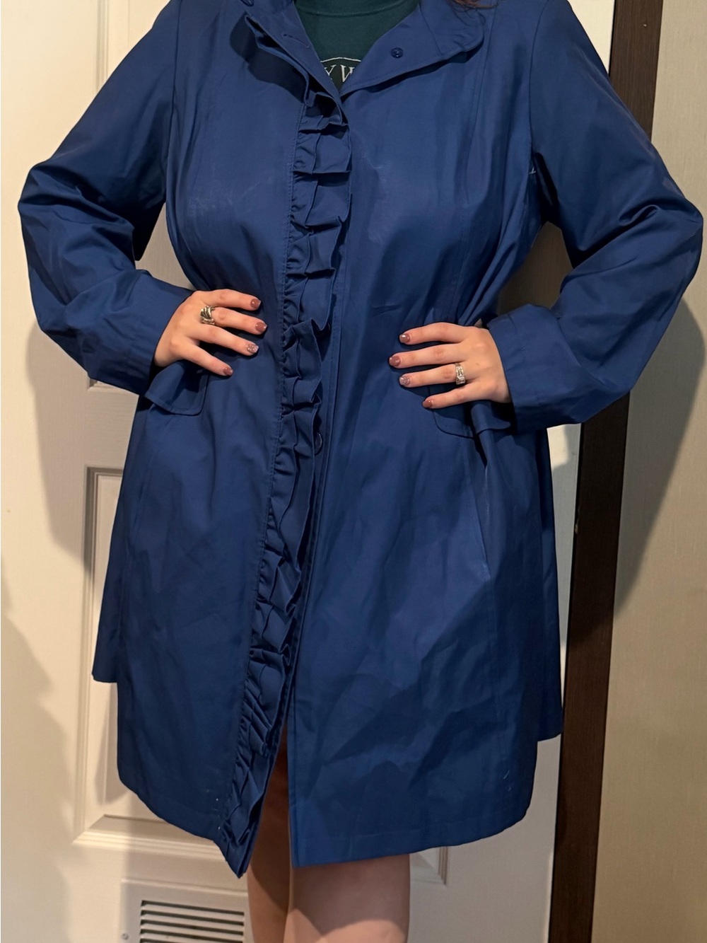 DKNY Ruffled Front Blue Women's Rain Trench coat jacket size 1x